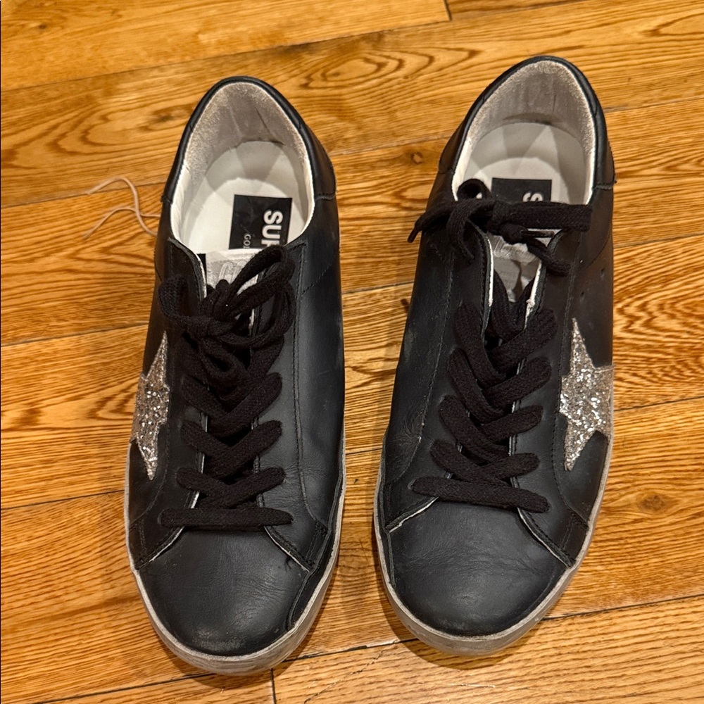 Golden Goose Black Leather Sneakers with Silver Glitter Star